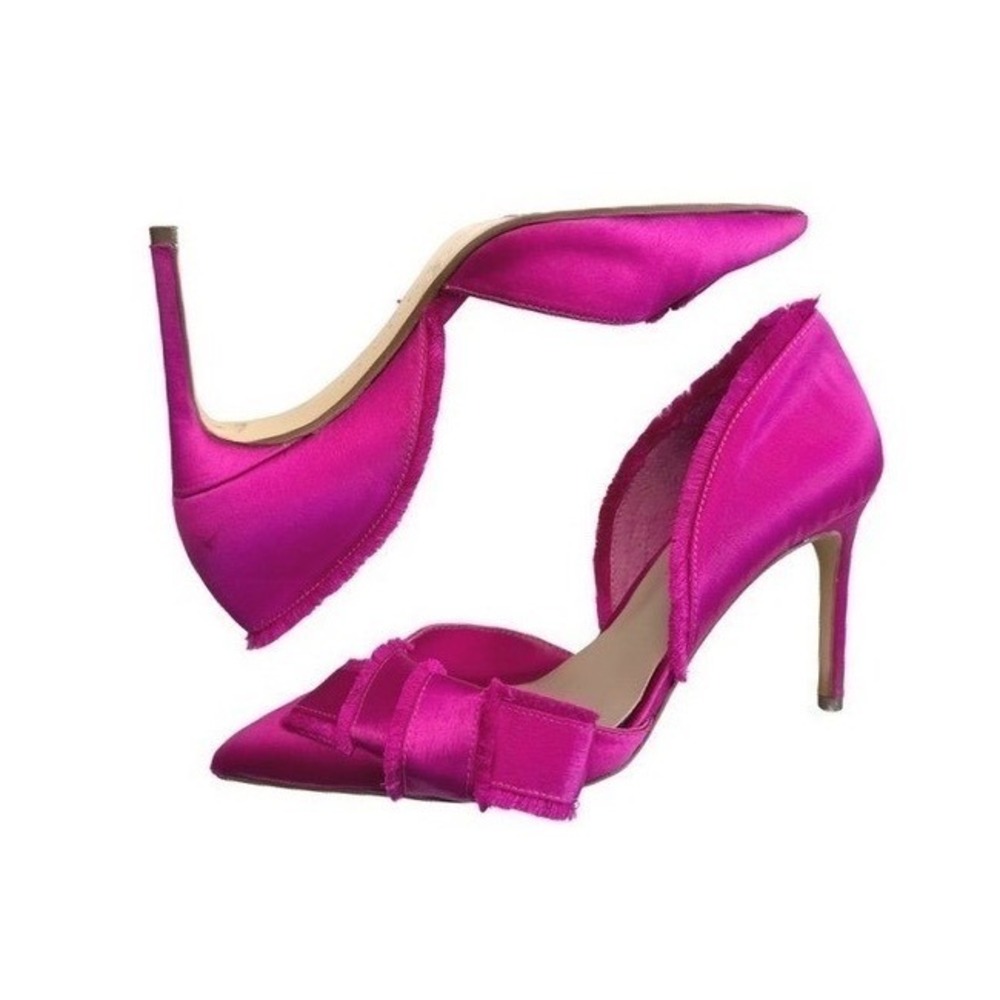 Lord & Taylor 424 Fifth Pink Satin Frayed Bow D'Orsay Pumps Barbiecore Glam 6.5M